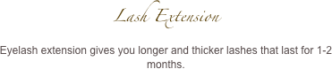 Lash Extension 
Eyelash extension gives you longer and thicker lashes that last for 1-2 months.
